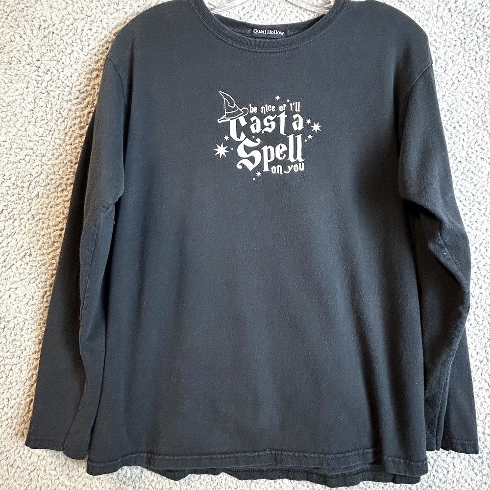 Vintage Women's Witch Long Sleeve T Shirt Size M "Be Nice Or I'll Cast A Spell"